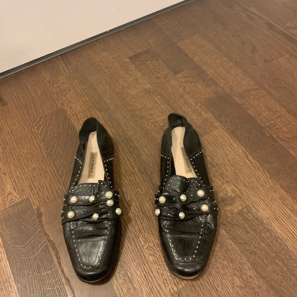 Black Studded Loafers with Pearl Accents